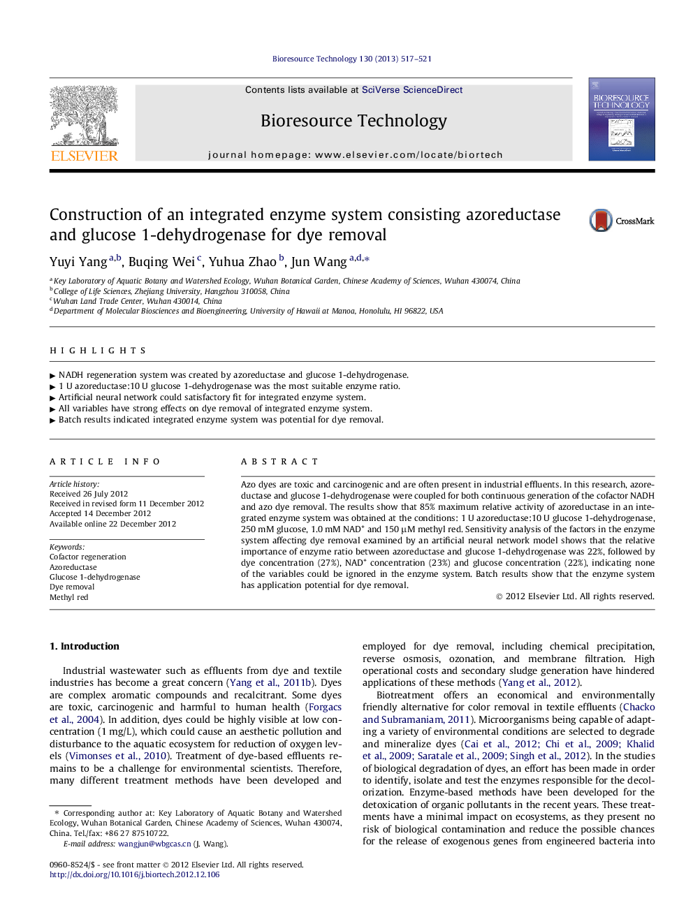 Construction of an integrated enzyme system consisting azoreductase and glucose 1-dehydrogenase for dye removal