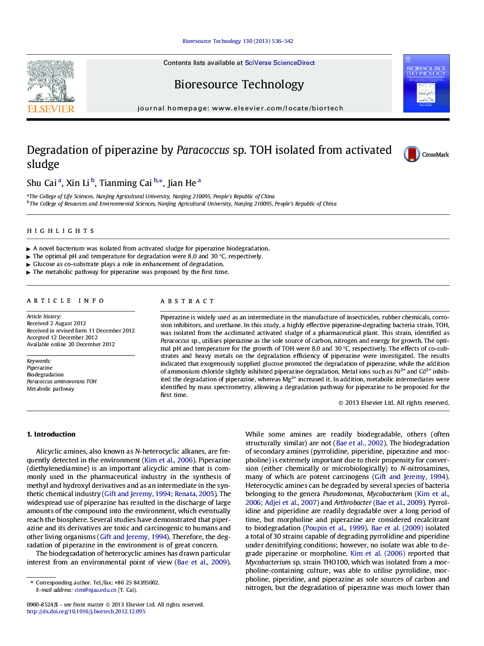 Degradation of piperazine by Paracoccus sp. TOH isolated from activated sludge