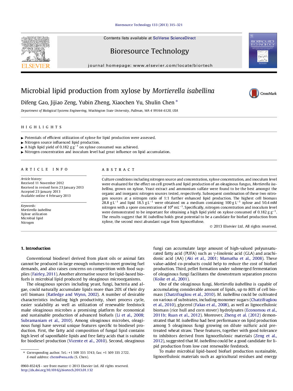 Microbial lipid production from xylose by Mortierella isabellina