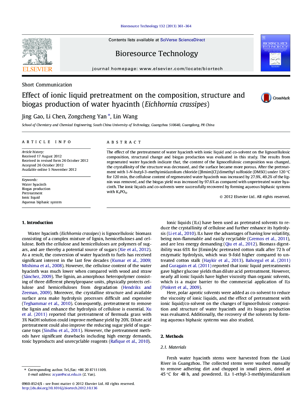 Effect of ionic liquid pretreatment on the composition, structure and biogas production of water hyacinth (Eichhornia crassipes)