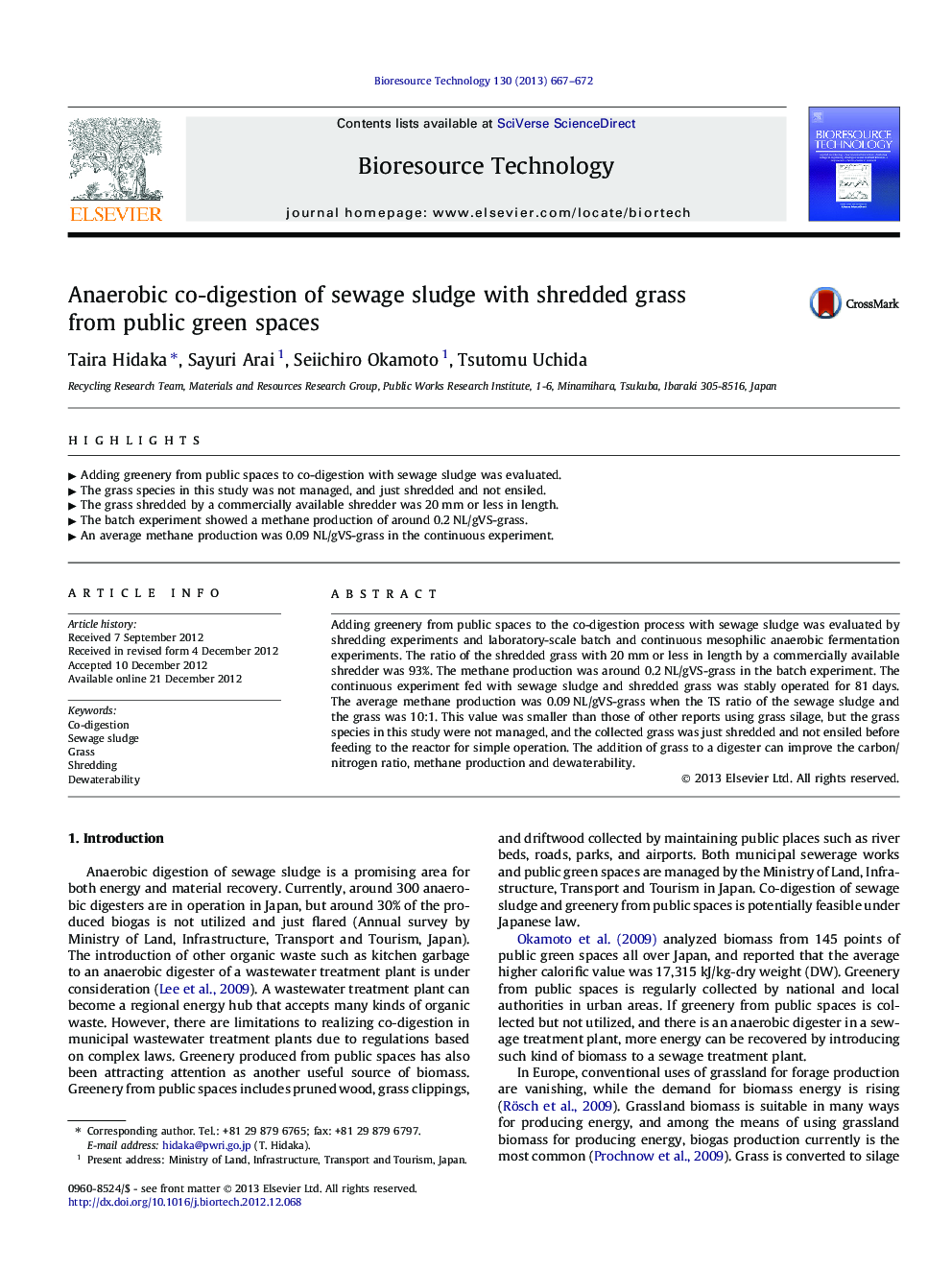 Anaerobic co-digestion of sewage sludge with shredded grass from public green spaces