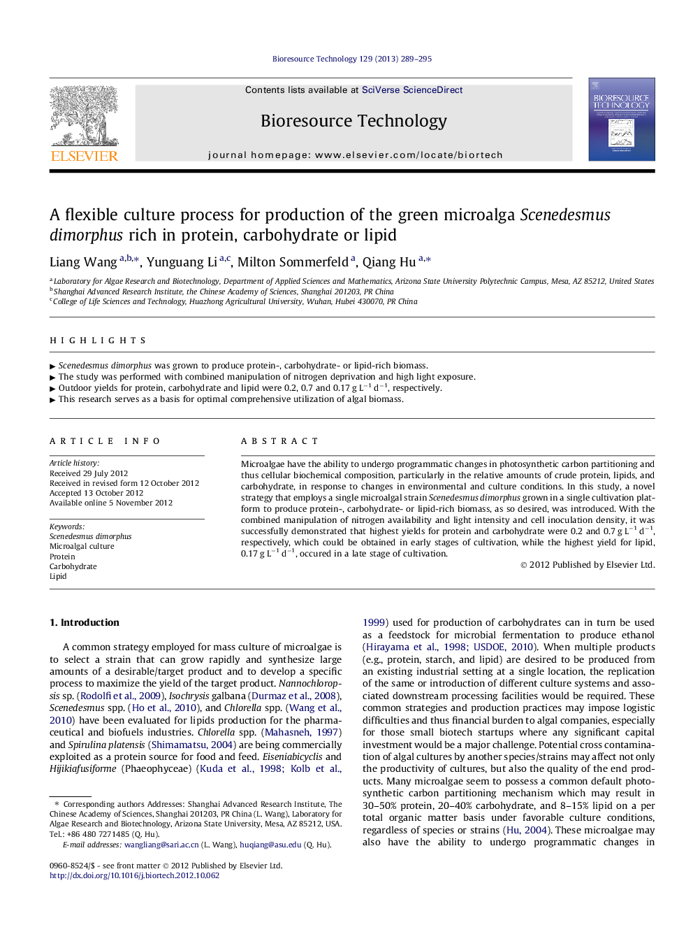 A flexible culture process for production of the green microalga Scenedesmus dimorphus rich in protein, carbohydrate or lipid