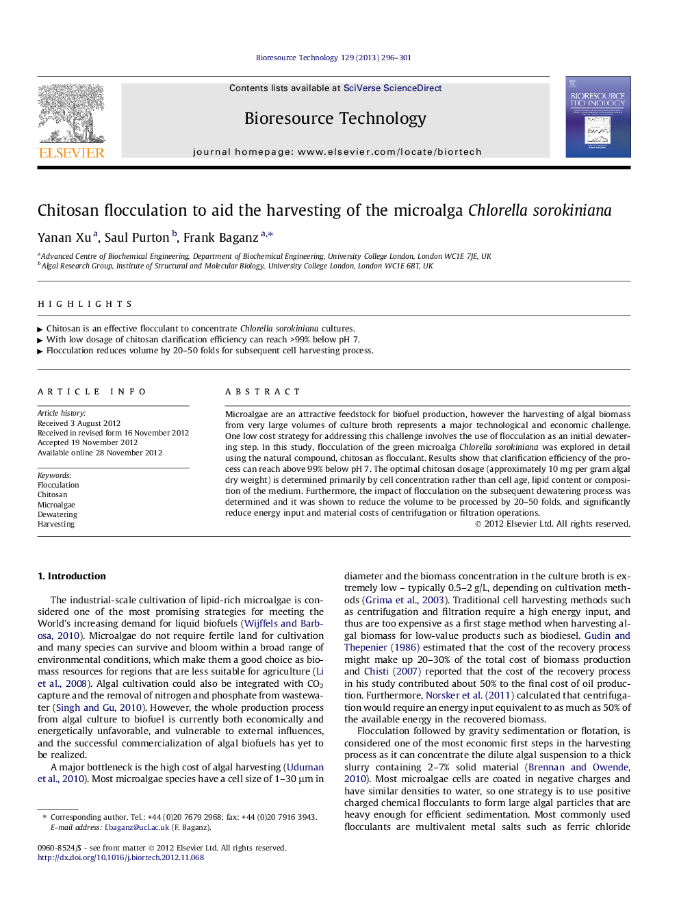 Chitosan flocculation to aid the harvesting of the microalga Chlorella sorokiniana