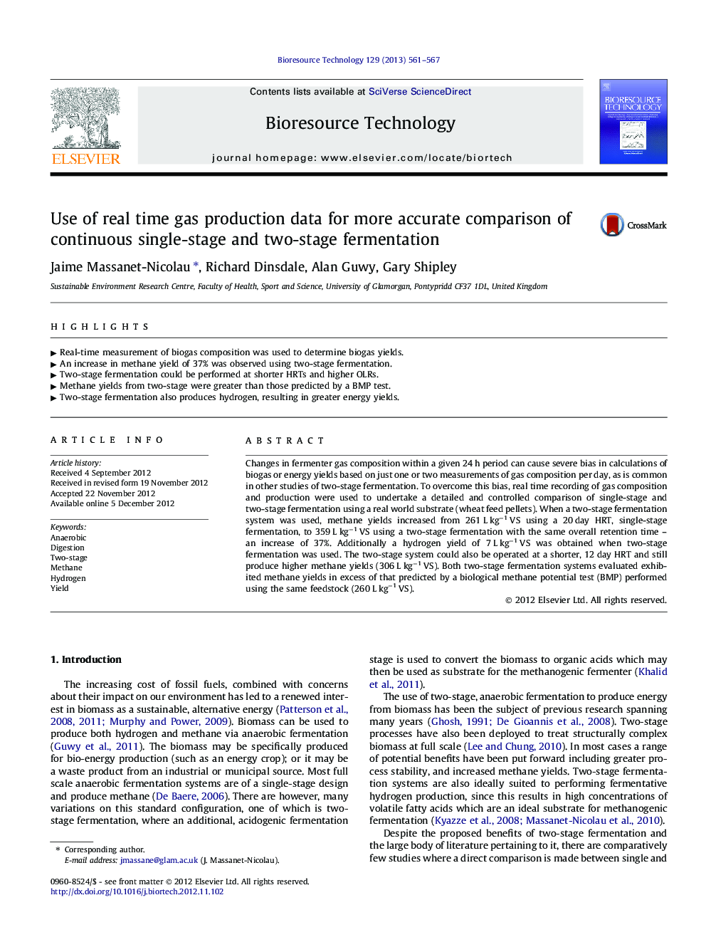 Use of real time gas production data for more accurate comparison of continuous single-stage and two-stage fermentation