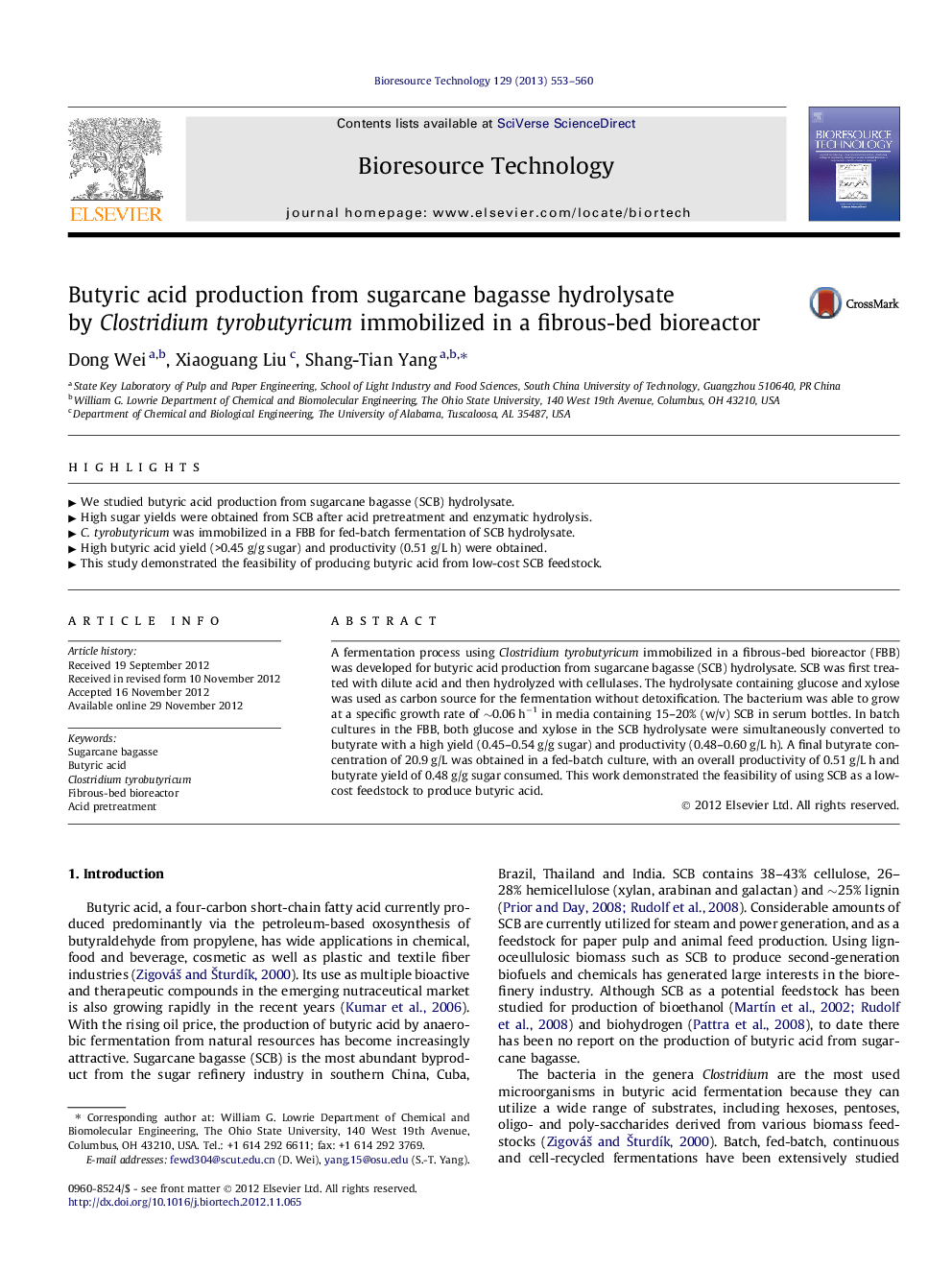 Butyric acid production from sugarcane bagasse hydrolysate by Clostridium tyrobutyricum immobilized in a fibrous-bed bioreactor