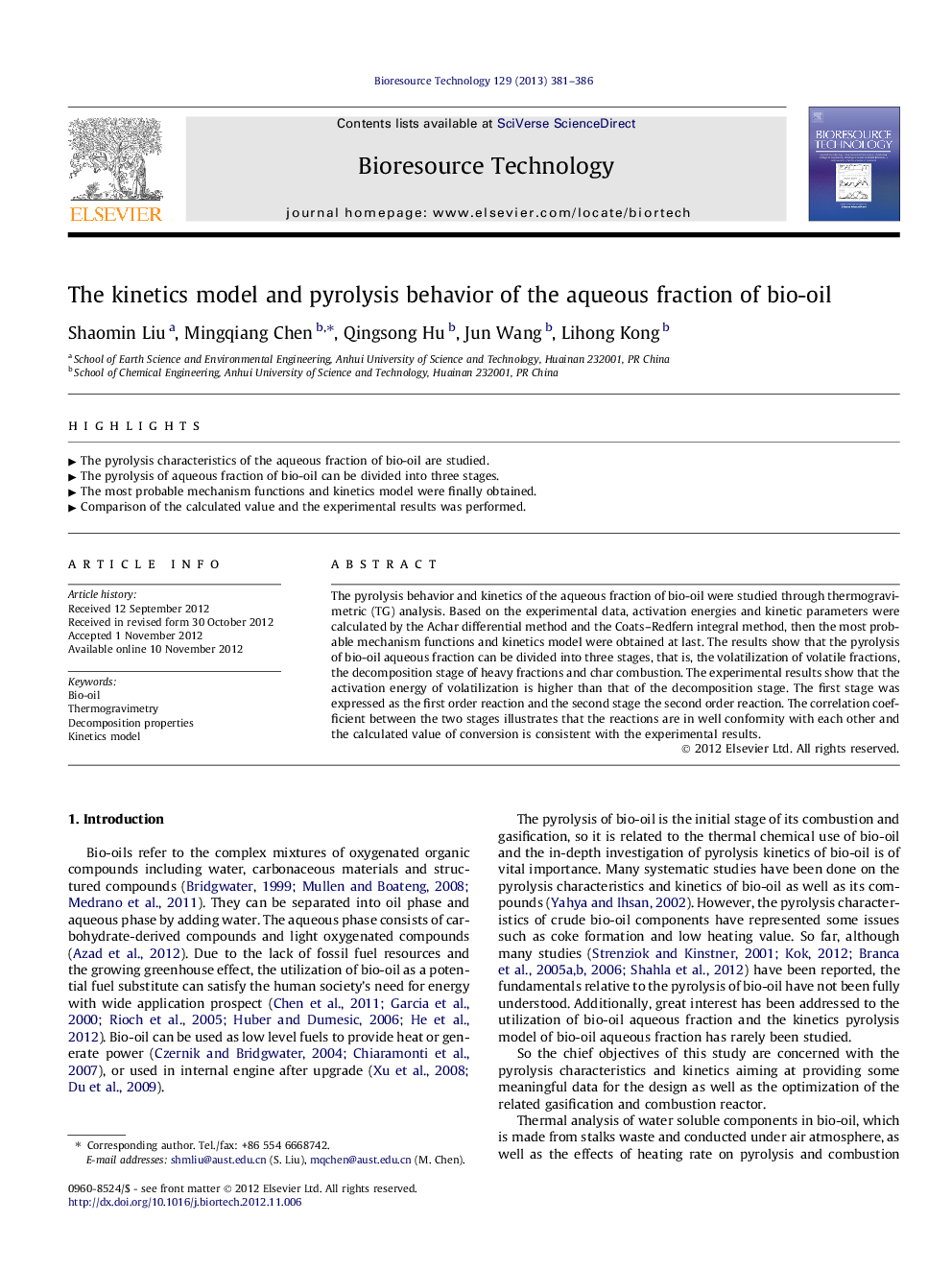 The kinetics model and pyrolysis behavior of the aqueous fraction of bio-oil