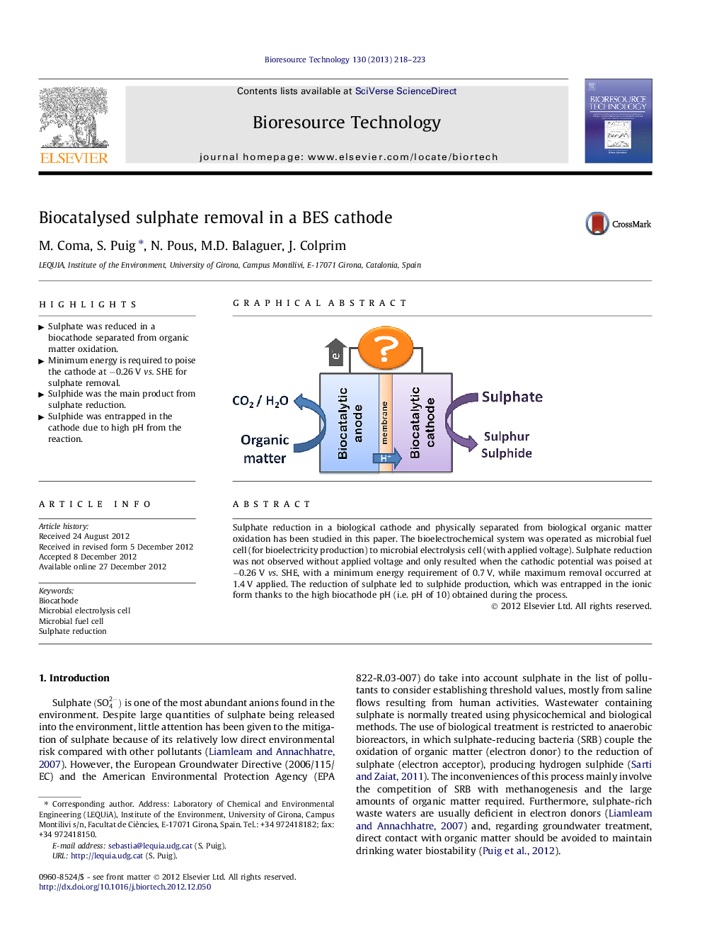 Biocatalysed sulphate removal in a BES cathode