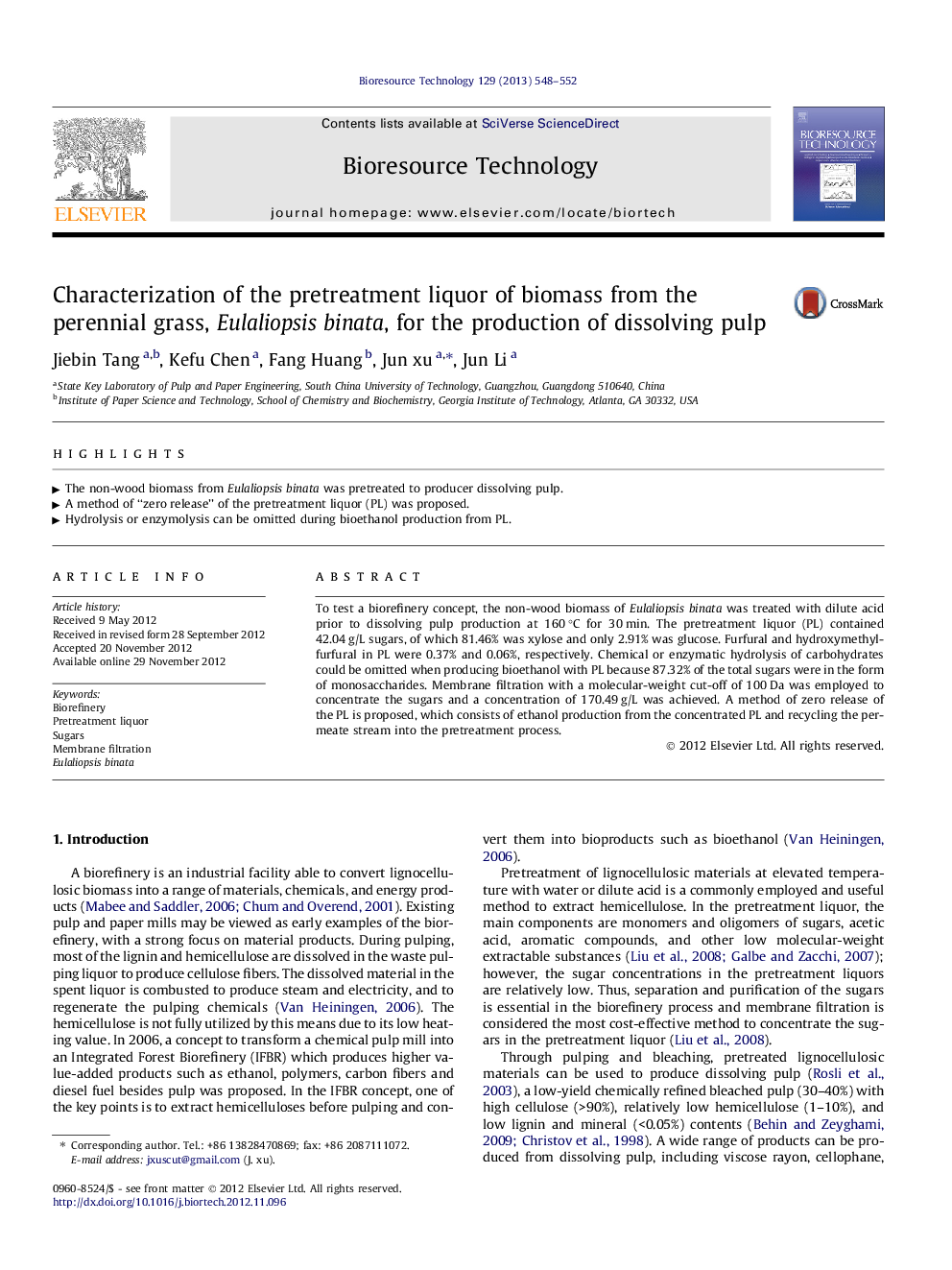 Characterization of the pretreatment liquor of biomass from the perennial grass, Eulaliopsis binata, for the production of dissolving pulp