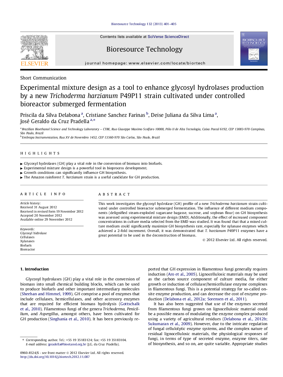 Experimental mixture design as a tool to enhance glycosyl hydrolases production by a new Trichoderma harzianum P49P11 strain cultivated under controlled bioreactor submerged fermentation