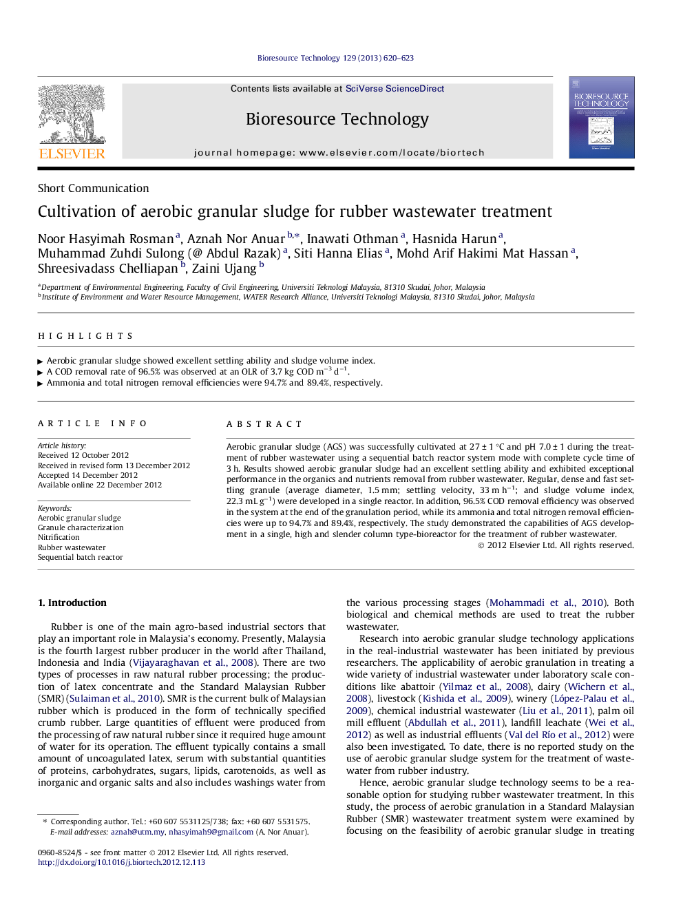 Cultivation of aerobic granular sludge for rubber wastewater treatment