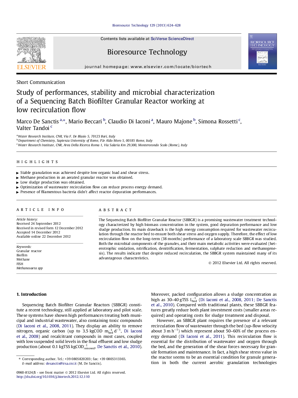 عکس صفحه اول مقاله: Study of performances, stability and microbial characterization of a Sequencing Batch Biofilter Granular Reactor working at low recirculation flow Study of performances, stability and microbial characterization of a Sequencing Batch Biofilter Granular Reactor working at low recirculation flow