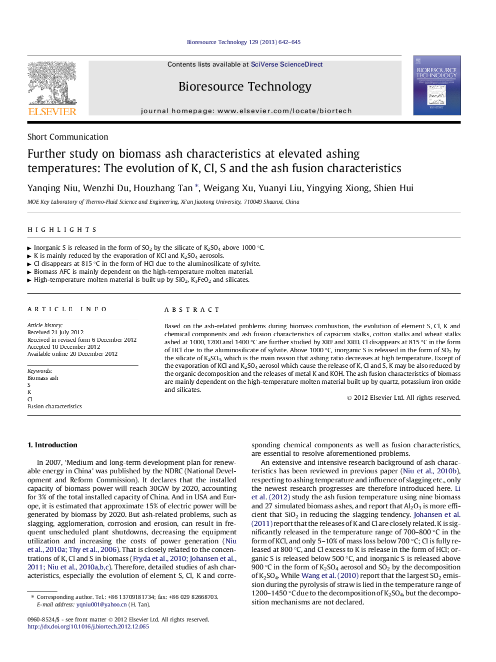 Further study on biomass ash characteristics at elevated ashing temperatures: The evolution of K, Cl, S and the ash fusion characteristics