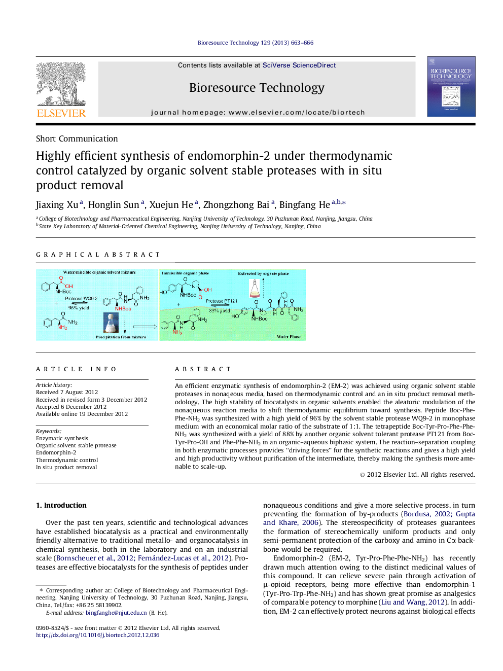 Highly efficient synthesis of endomorphin-2 under thermodynamic control catalyzed by organic solvent stable proteases with in situ product removal