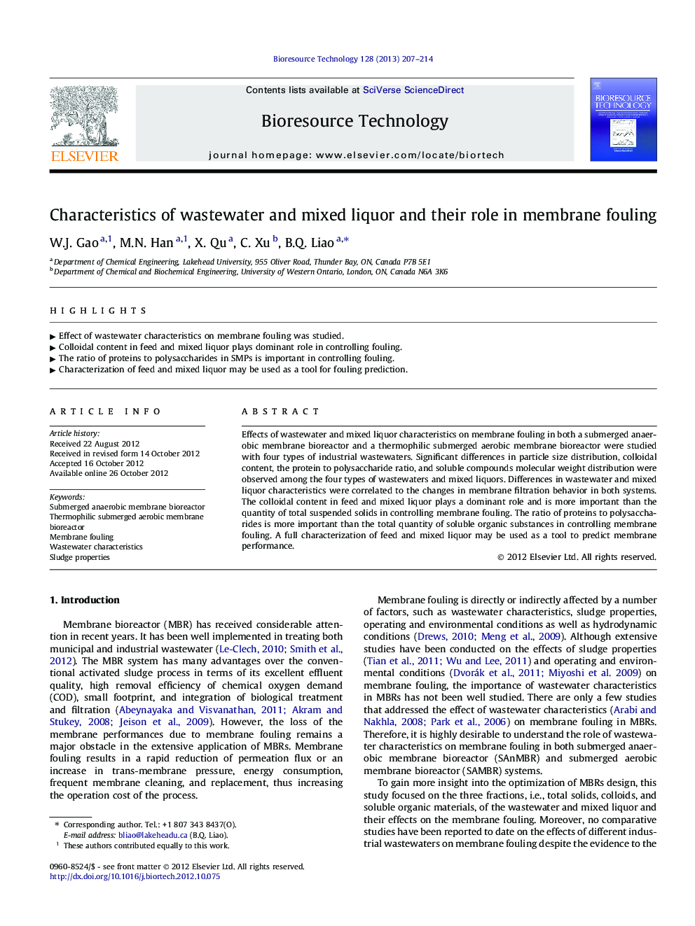 Characteristics of wastewater and mixed liquor and their role in membrane fouling