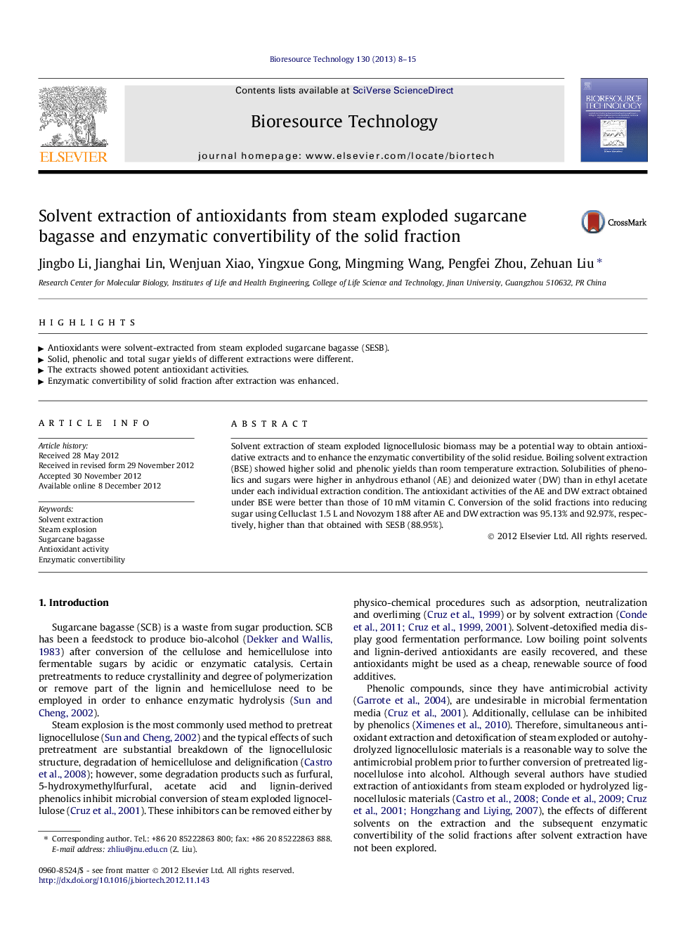 Solvent extraction of antioxidants from steam exploded sugarcane bagasse and enzymatic convertibility of the solid fraction