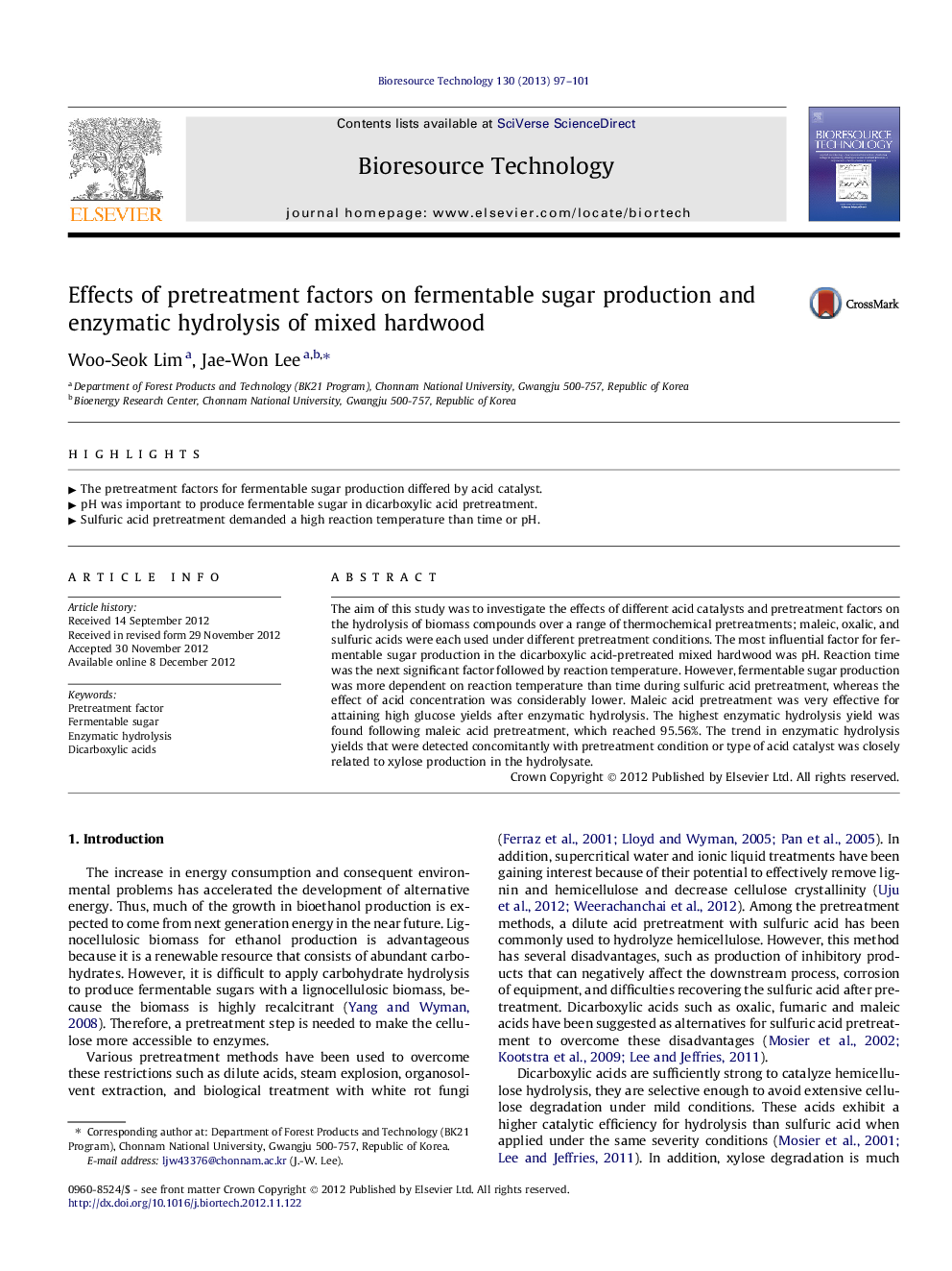 Effects of pretreatment factors on fermentable sugar production and enzymatic hydrolysis of mixed hardwood