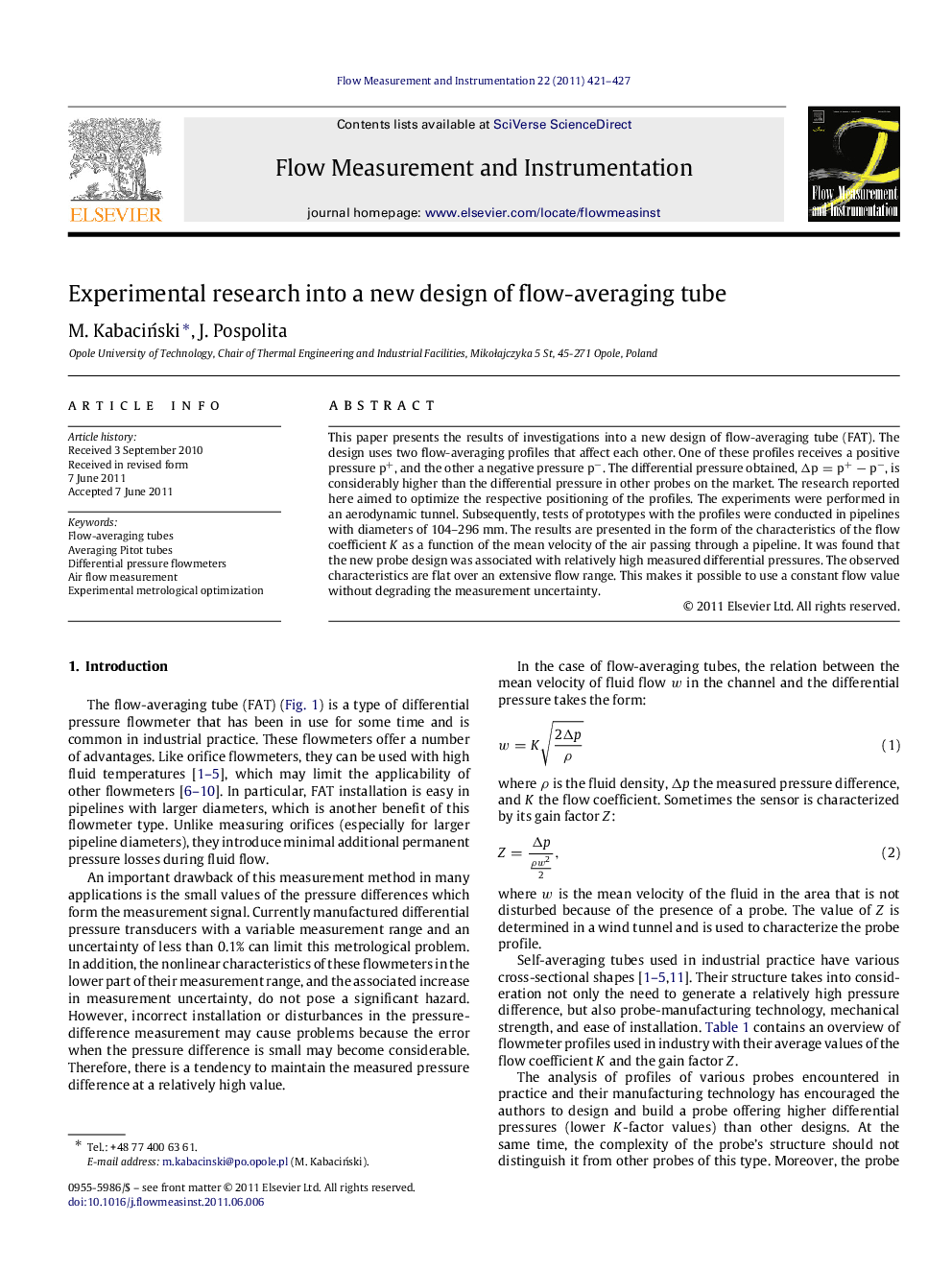 عکس صفحه اول مقاله: Experimental research into a new design of flow-averaging tube Experimental research into a new design of flow-averaging tube