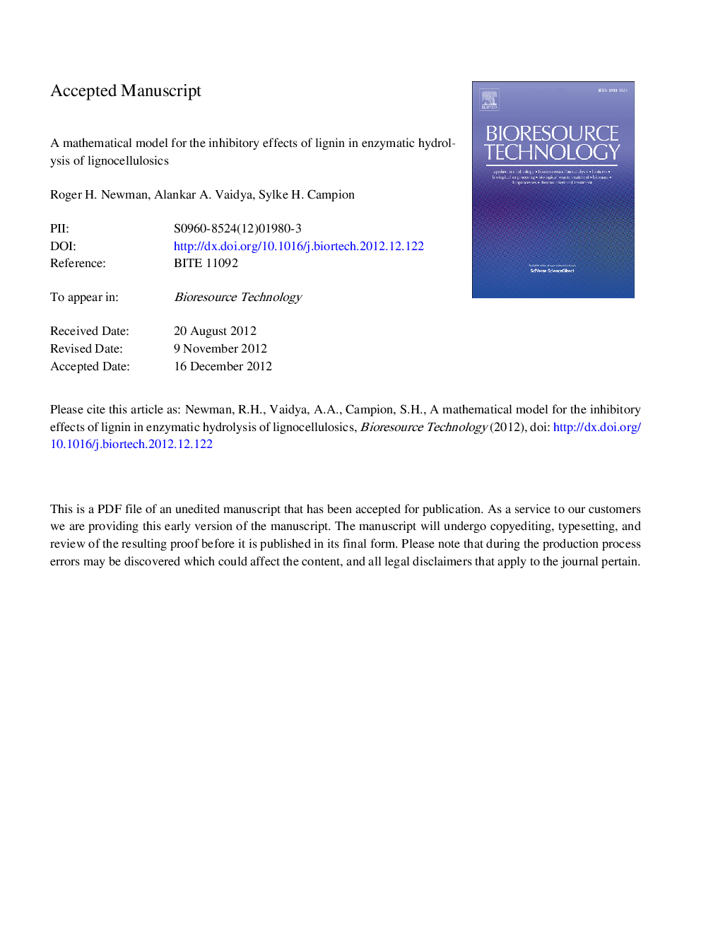 A mathematical model for the inhibitory effects of lignin in enzymatic hydrolysis of lignocellulosics