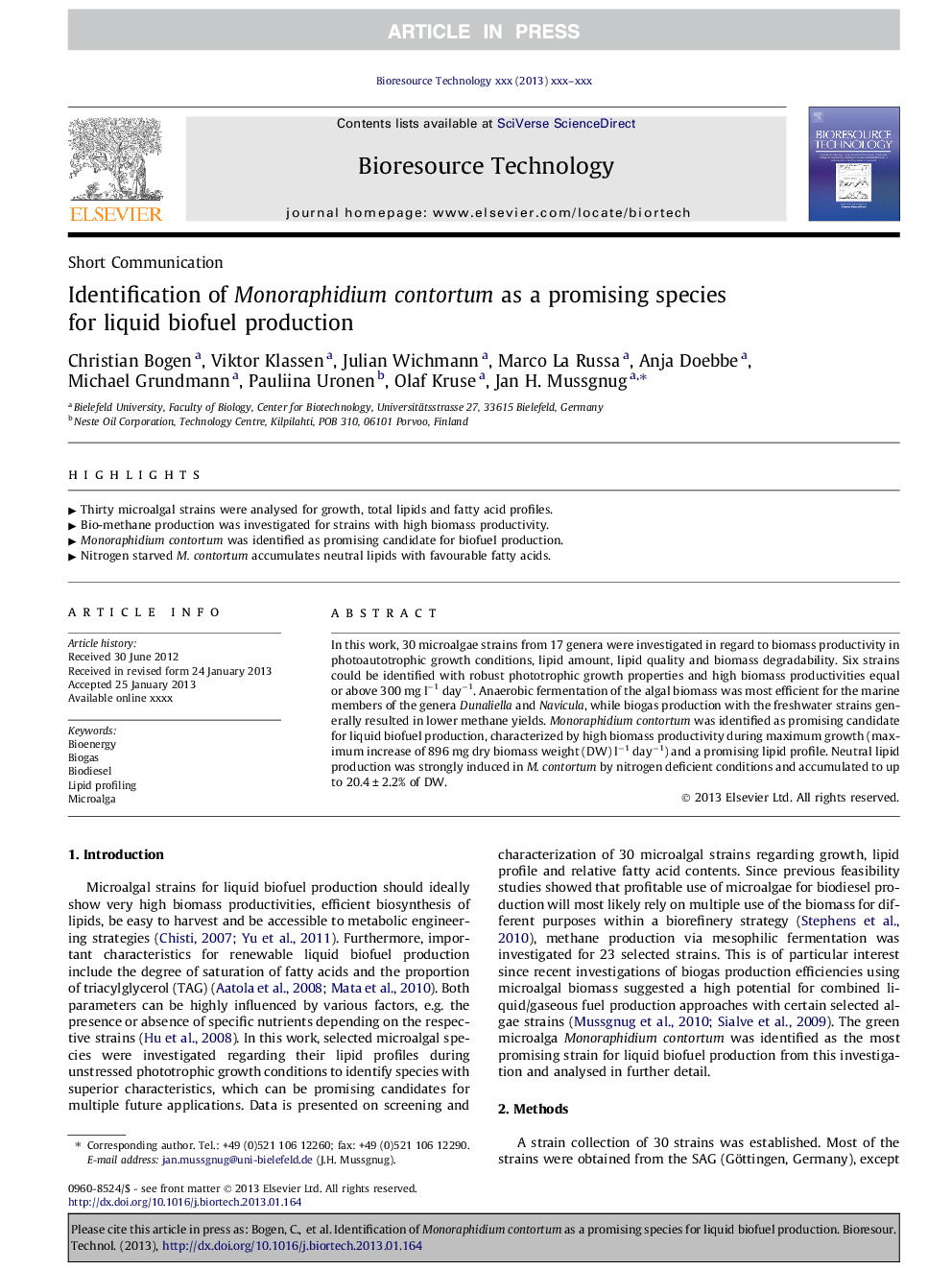 Identification of Monoraphidium contortum as a promising species for liquid biofuel production