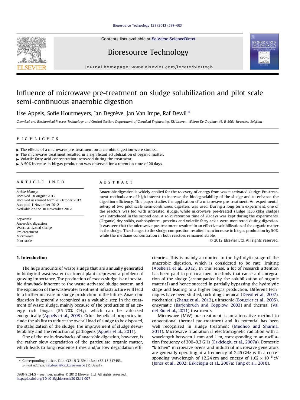 Influence of microwave pre-treatment on sludge solubilization and pilot scale semi-continuous anaerobic digestion