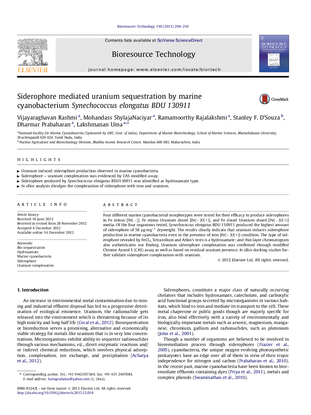 Siderophore mediated uranium sequestration by marine cyanobacterium Synechococcus elongatus BDU 130911