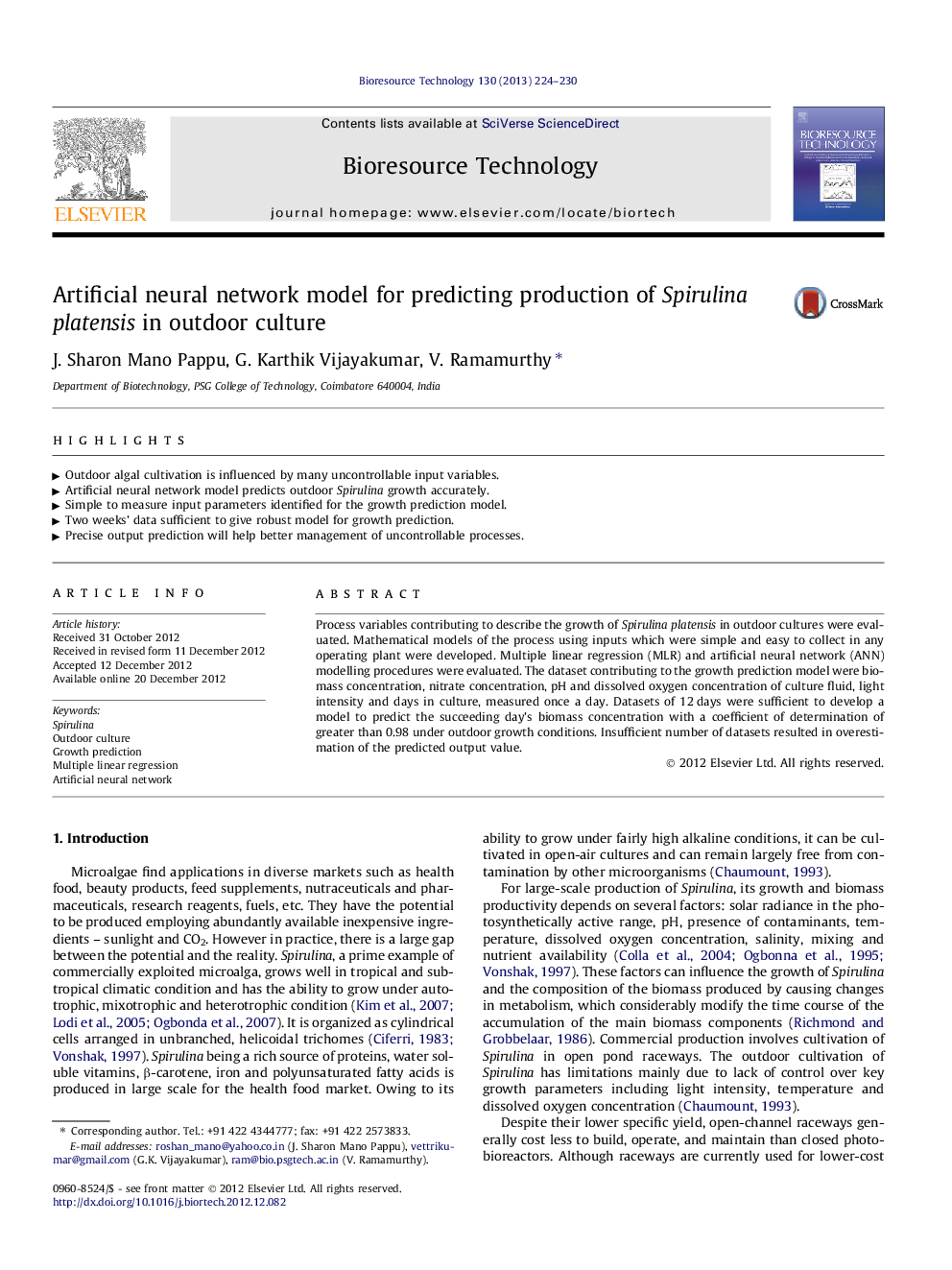 Artificial neural network model for predicting production of Spirulina platensis in outdoor culture