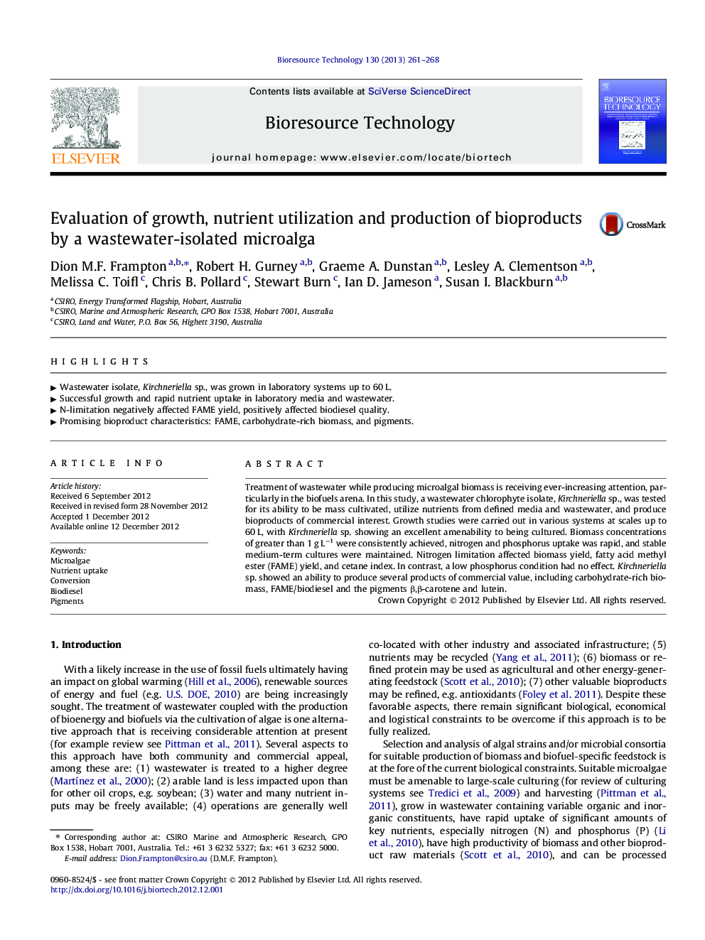 Evaluation of growth, nutrient utilization and production of bioproducts by a wastewater-isolated microalga