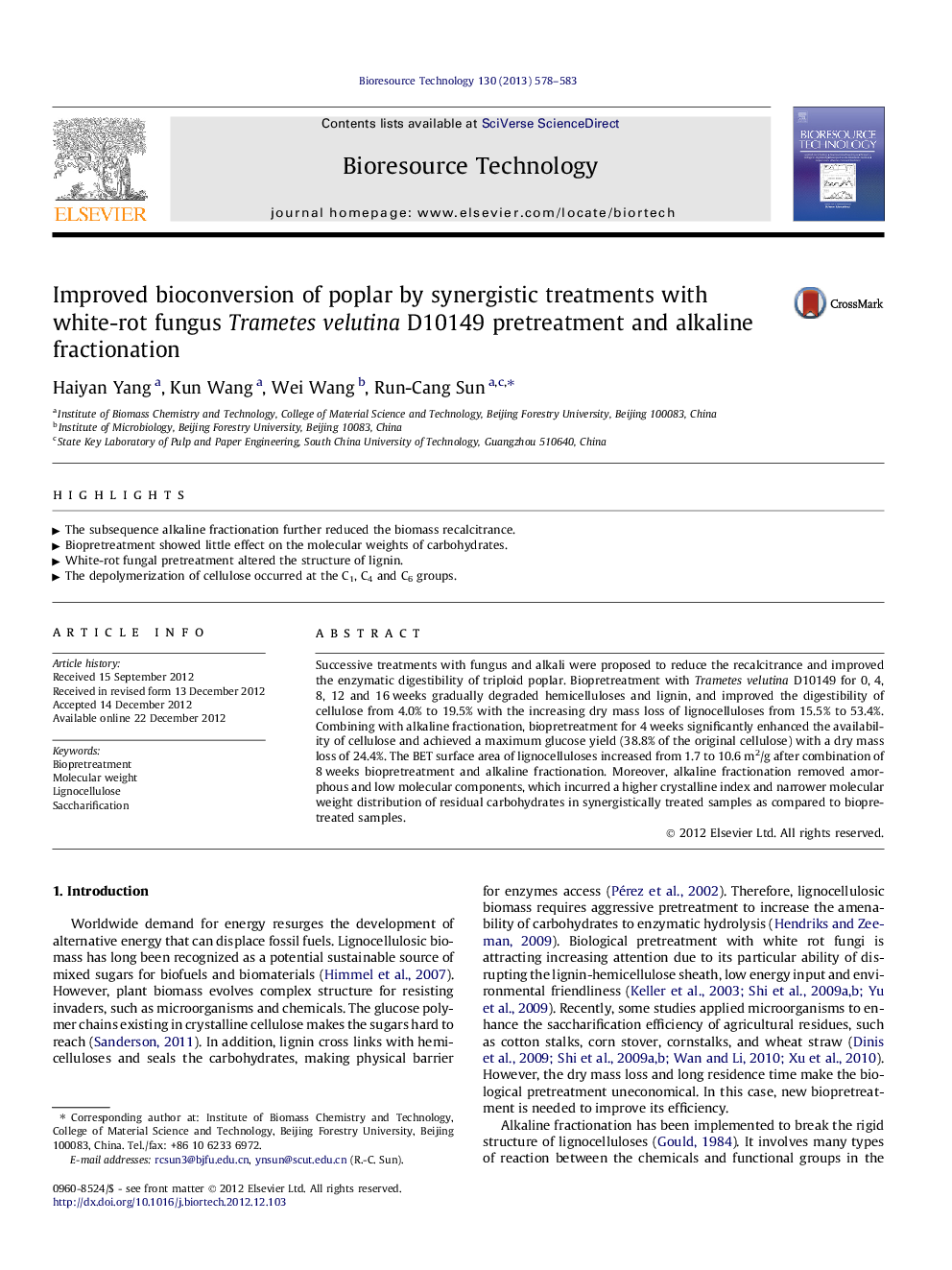 Improved bioconversion of poplar by synergistic treatments with white-rot fungus Trametes velutina D10149 pretreatment and alkaline fractionation