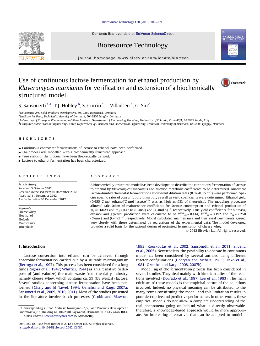 Use of continuous lactose fermentation for ethanol production by Kluveromyces marxianus for verification and extension of a biochemically structured model