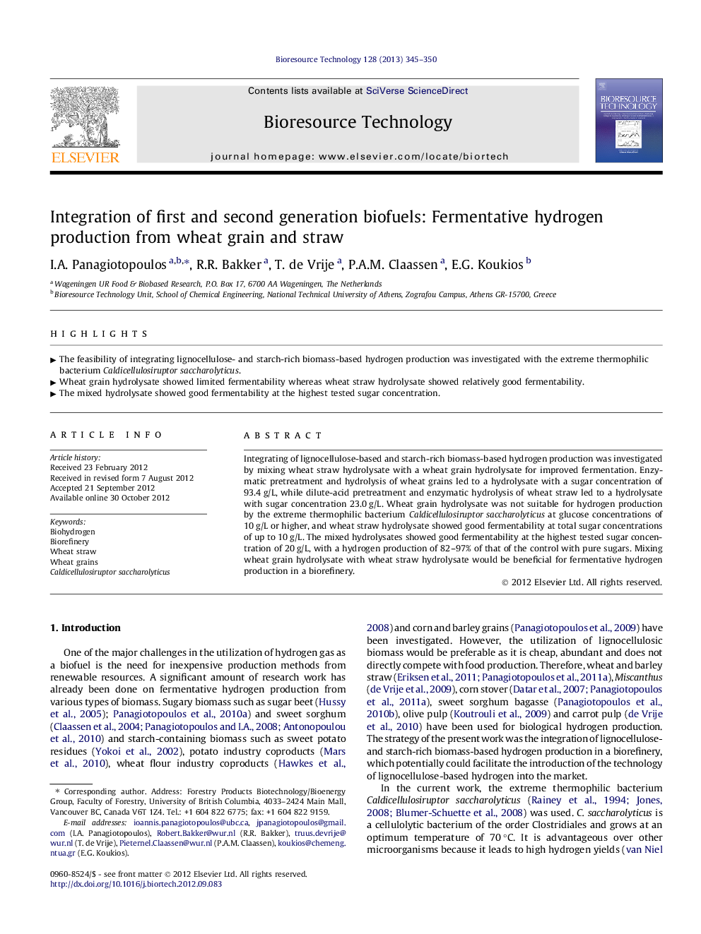 Integration of first and second generation biofuels: Fermentative hydrogen production from wheat grain and straw