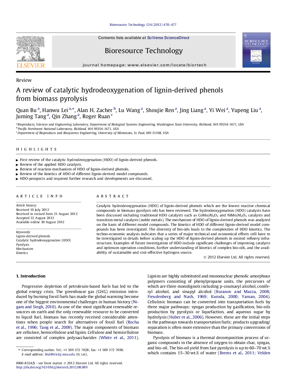 A review of catalytic hydrodeoxygenation of lignin-derived phenols from biomass pyrolysis