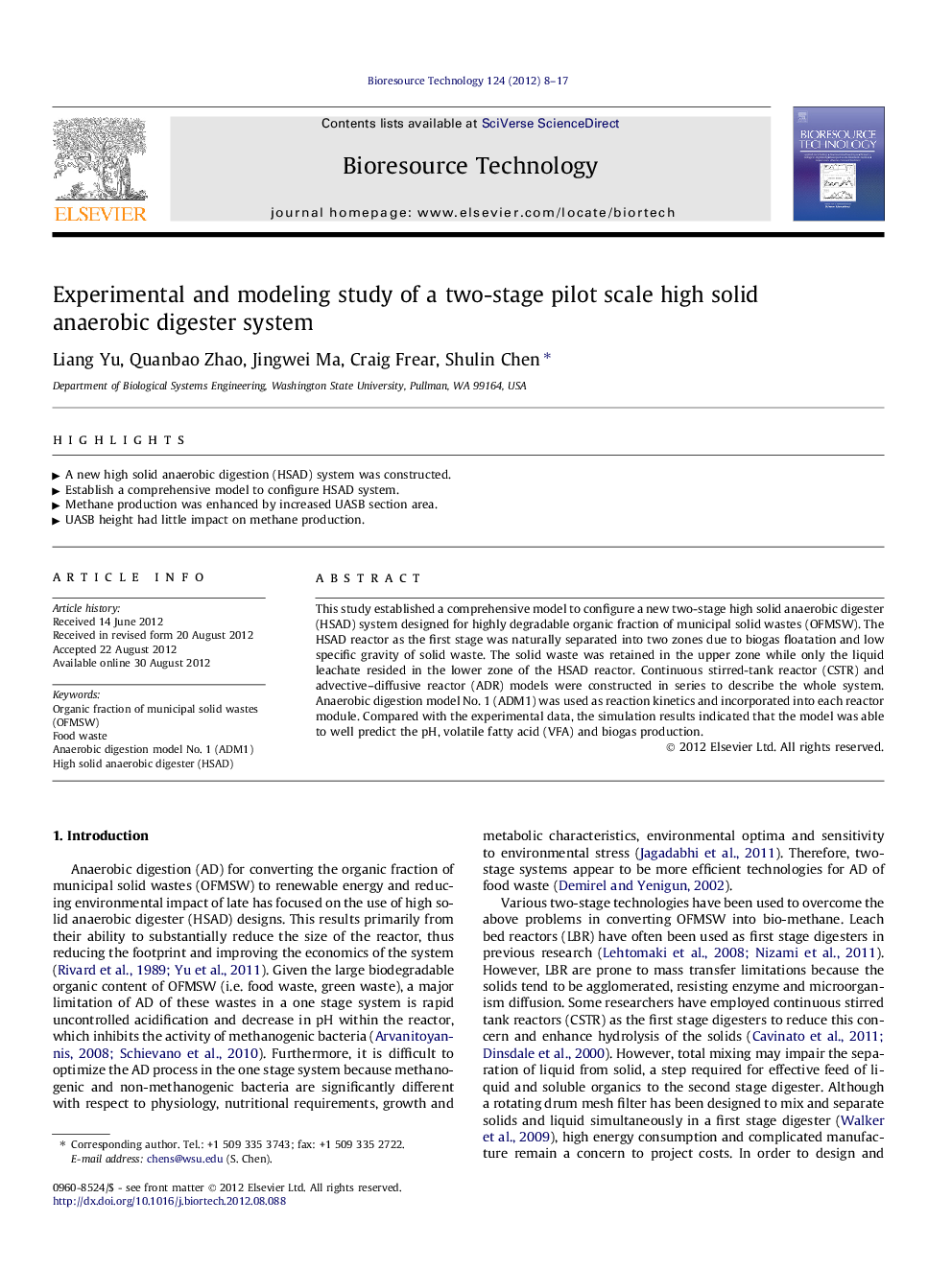 Experimental and modeling study of a two-stage pilot scale high solid anaerobic digester system