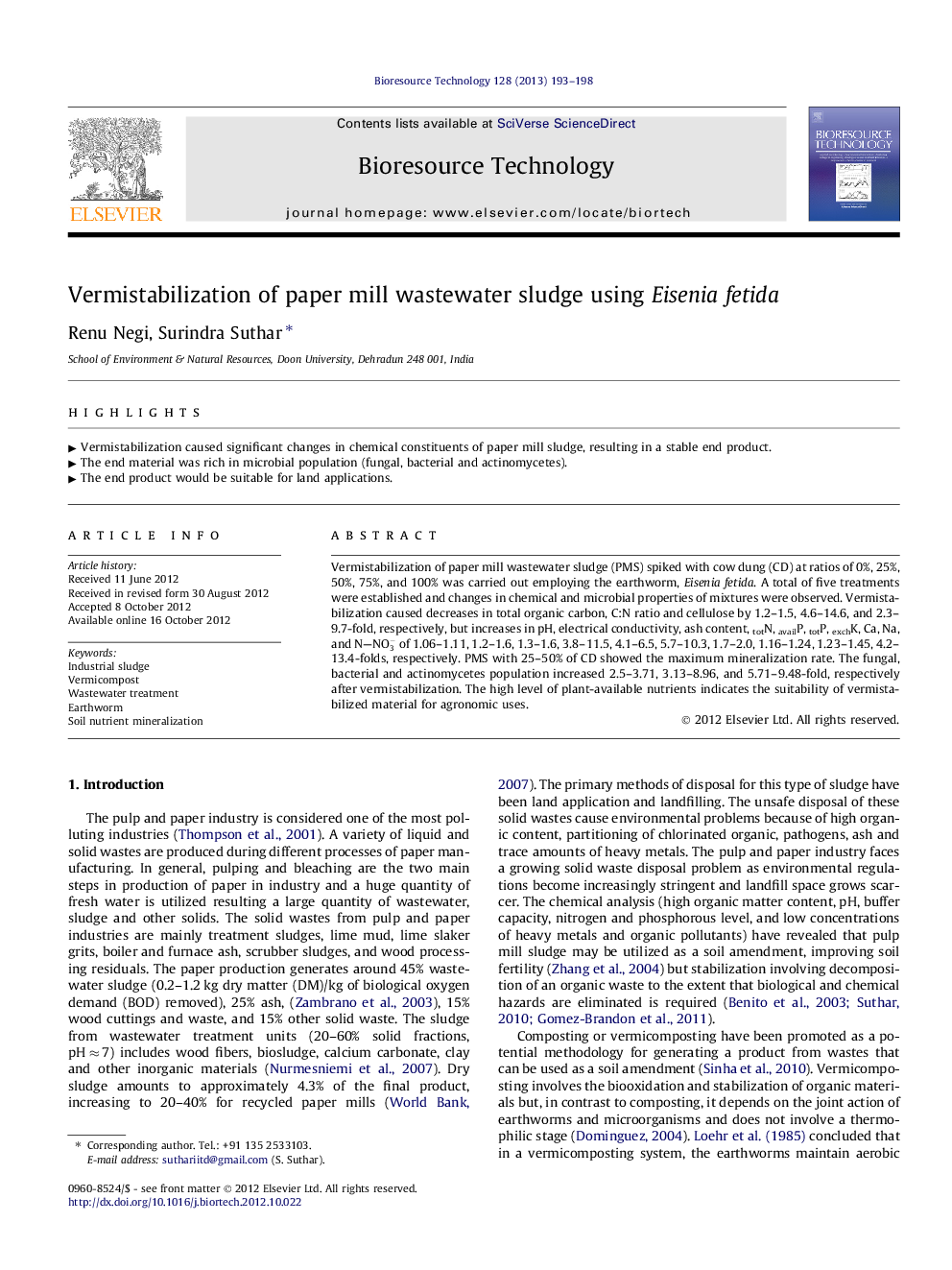 Vermistabilization of paper mill wastewater sludge using Eisenia fetida