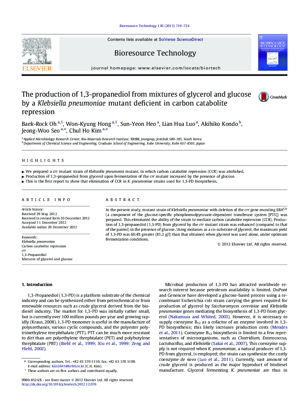 The production of 1,3-propanediol from mixtures of glycerol and glucose by a Klebsiella pneumoniae mutant deficient in carbon catabolite repression