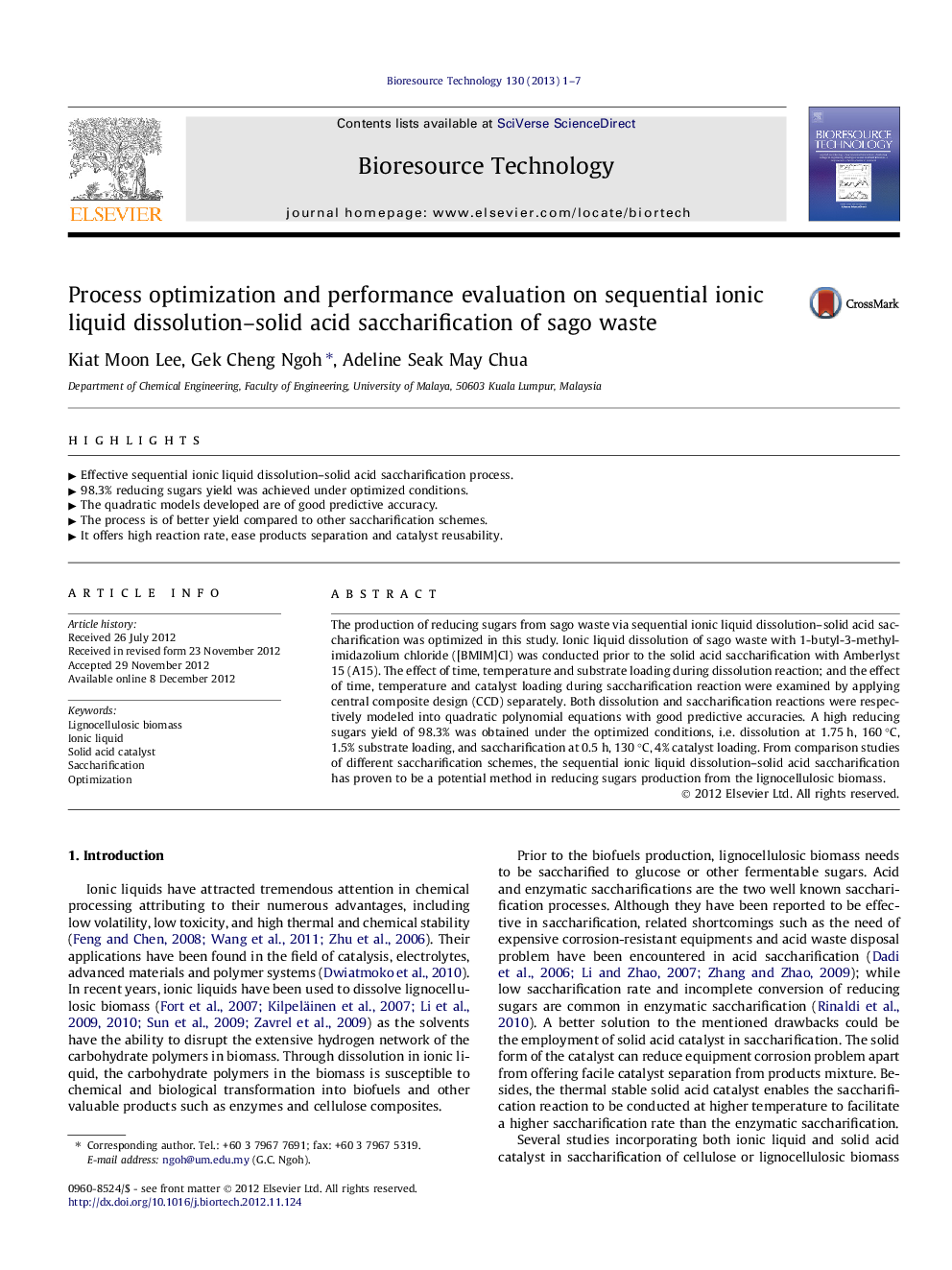 Process optimization and performance evaluation on sequential ionic liquid dissolution-solid acid saccharification of sago waste