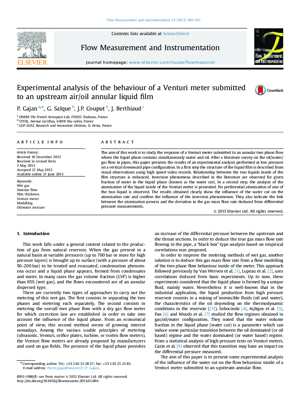 Experimental analysis of the behaviour of a Venturi meter submitted to an upstream air/oil annular liquid film