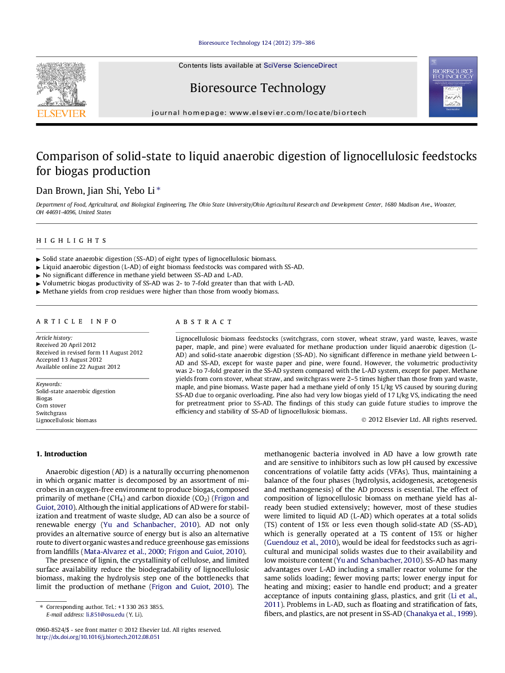 Comparison of solid-state to liquid anaerobic digestion of lignocellulosic feedstocks for biogas production