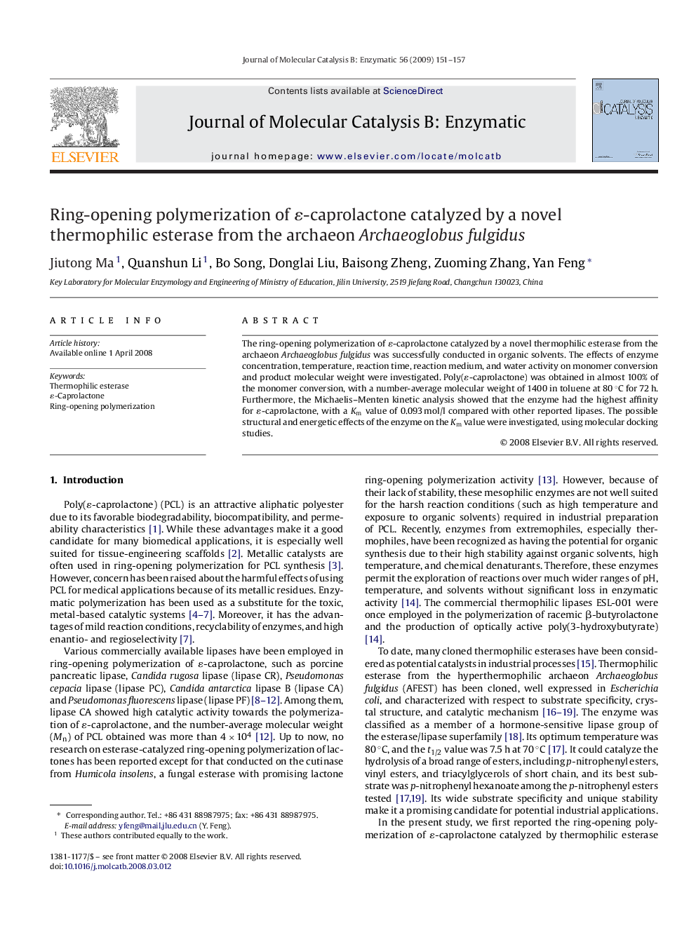 Ring-opening polymerization of ɛ-caprolactone catalyzed by a novel thermophilic esterase from the archaeon Archaeoglobus fulgidus