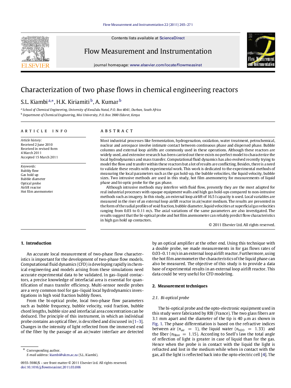 Characterization of two phase flows in chemical engineering reactors