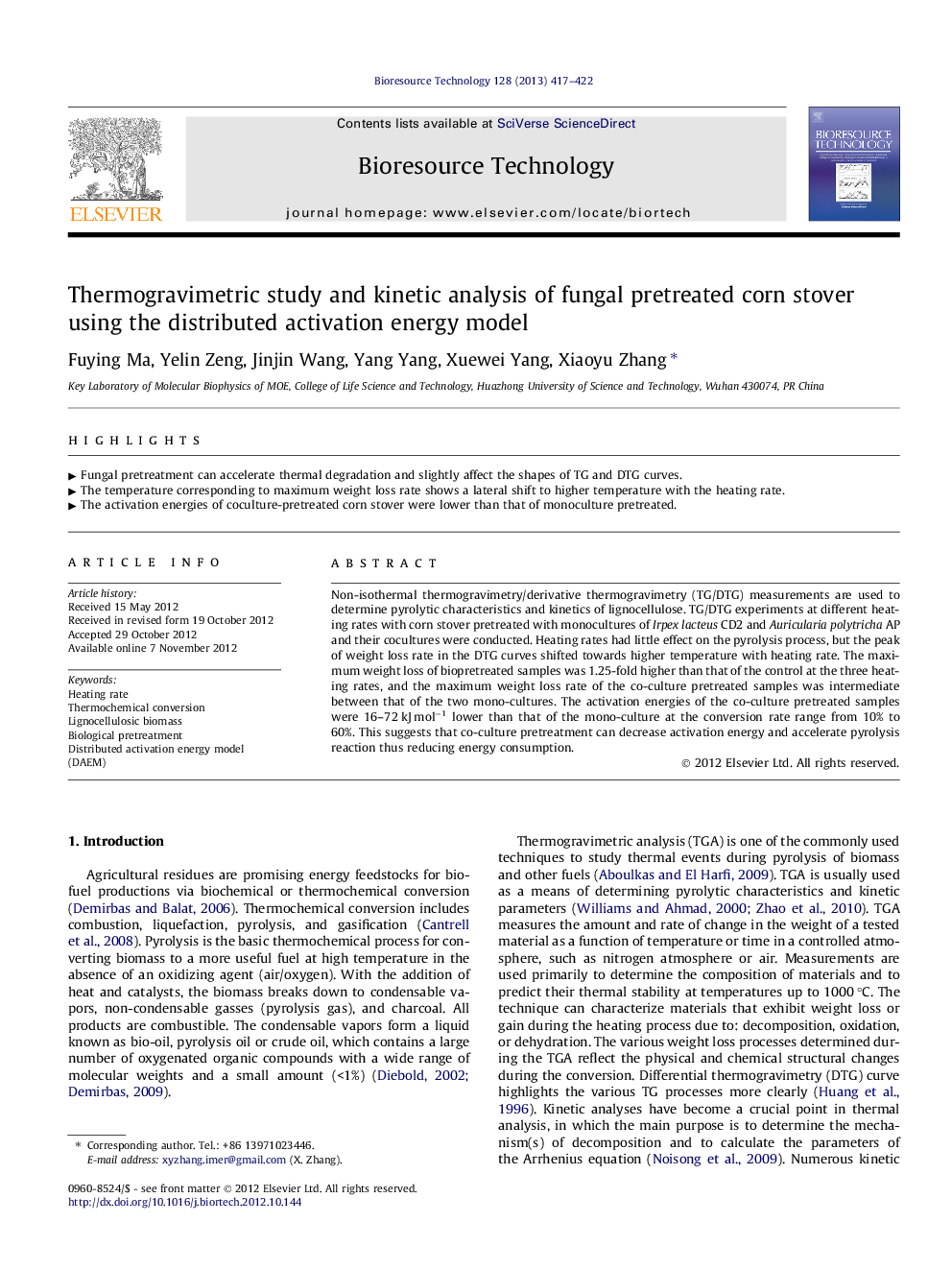 Thermogravimetric study and kinetic analysis of fungal pretreated corn stover using the distributed activation energy model