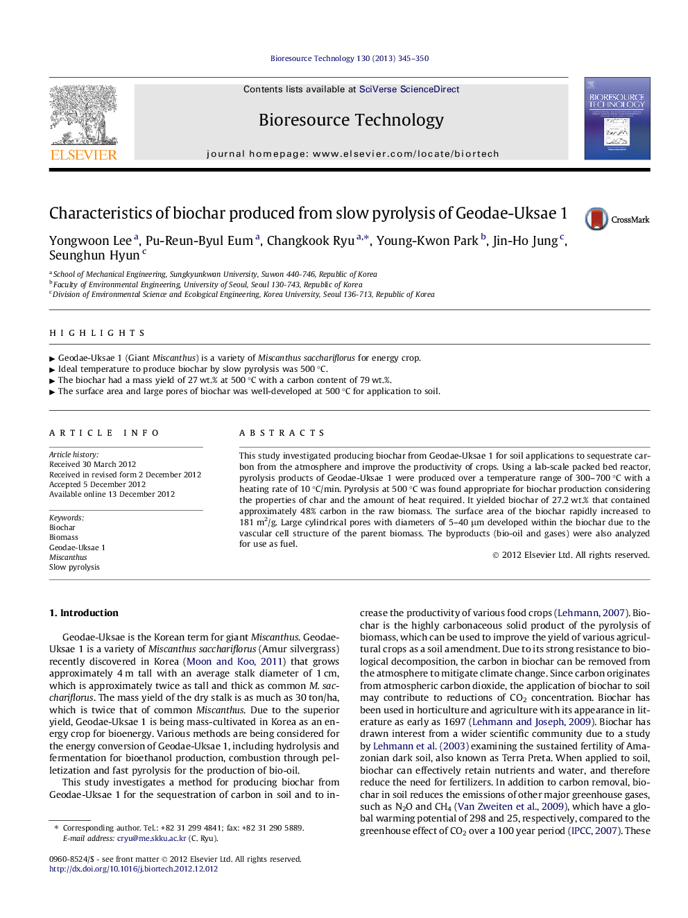 عکس صفحه اول مقاله: Characteristics of biochar produced from slow pyrolysis of Geodae-Uksae 1 Characteristics of biochar produced from slow pyrolysis of Geodae-Uksae 1