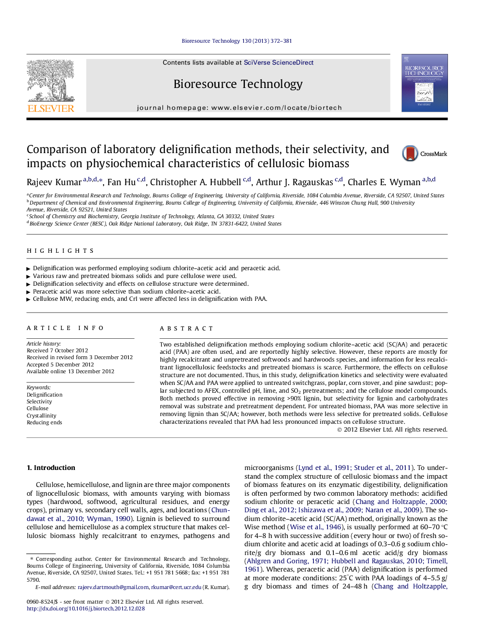 Comparison of laboratory delignification methods, their selectivity, and impacts on physiochemical characteristics of cellulosic biomass