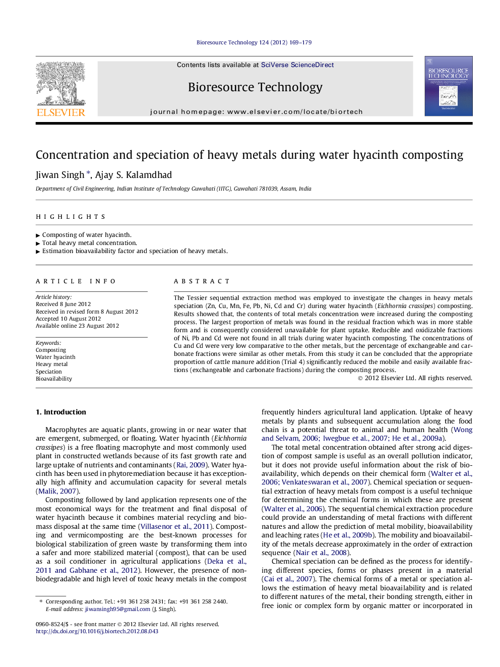 Concentration and speciation of heavy metals during water hyacinth composting