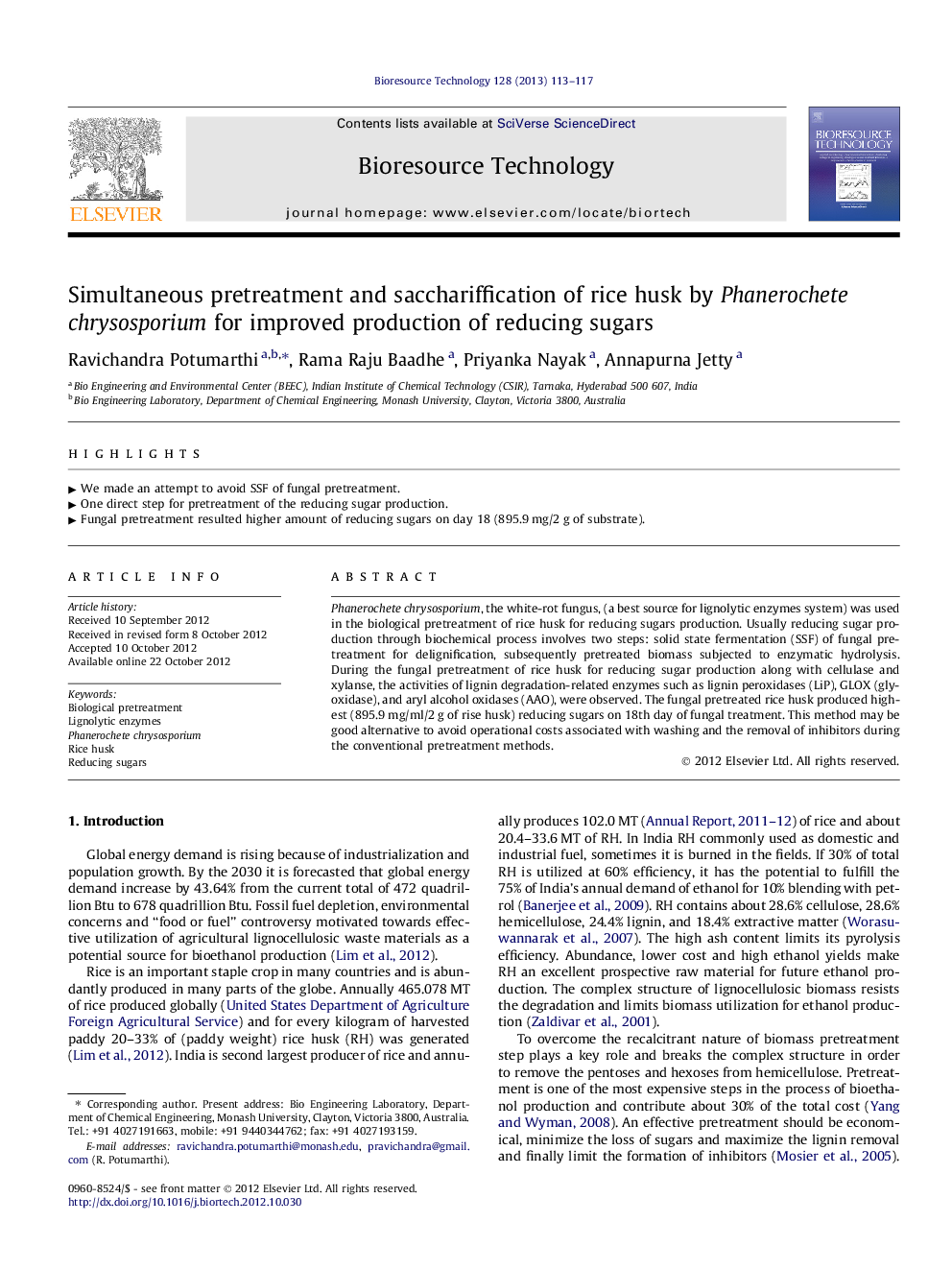 Simultaneous pretreatment and sacchariffication of rice husk by Phanerochete chrysosporium for improved production of reducing sugars