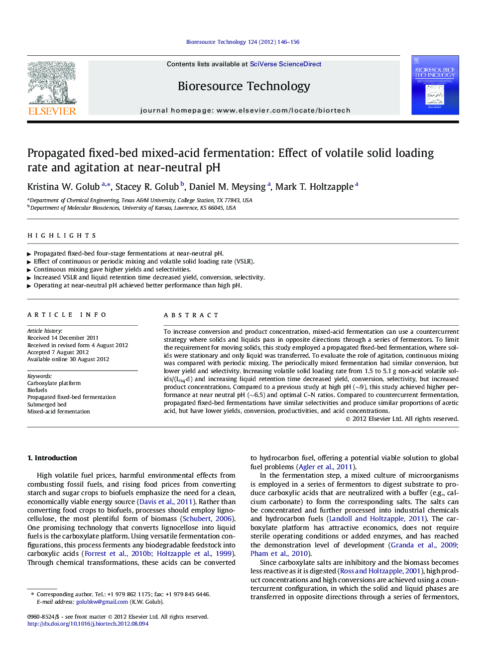 Propagated fixed-bed mixed-acid fermentation: Effect of volatile solid loading rate and agitation at near-neutral pH