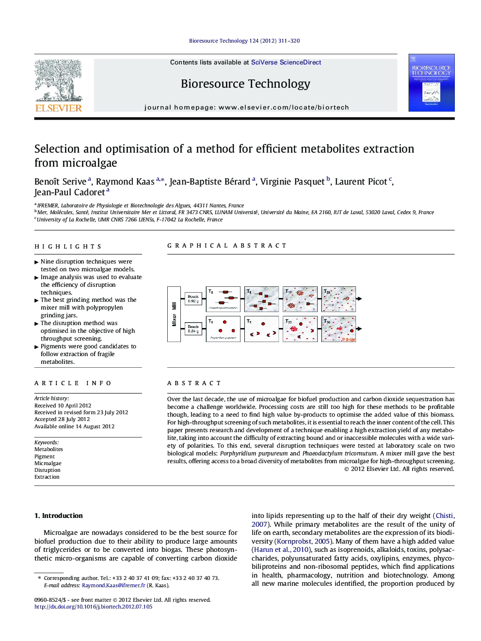 Selection and optimisation of a method for efficient metabolites extraction from microalgae