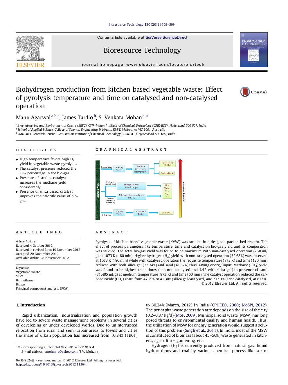 Biohydrogen production from kitchen based vegetable waste: Effect of pyrolysis temperature and time on catalysed and non-catalysed operation