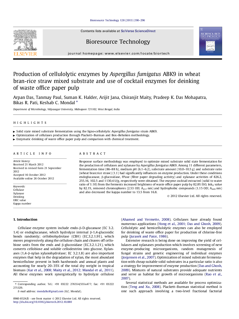 Production of cellulolytic enzymes by Aspergillus fumigatus ABK9 in wheat bran-rice straw mixed substrate and use of cocktail enzymes for deinking of waste office paper pulp