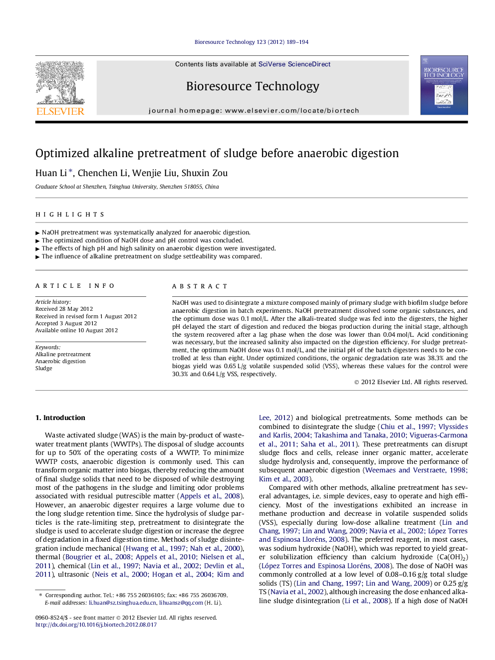 Optimized alkaline pretreatment of sludge before anaerobic digestion