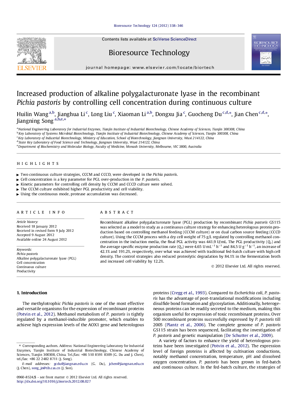 Increased production of alkaline polygalacturonate lyase in the recombinant Pichia pastoris by controlling cell concentration during continuous culture